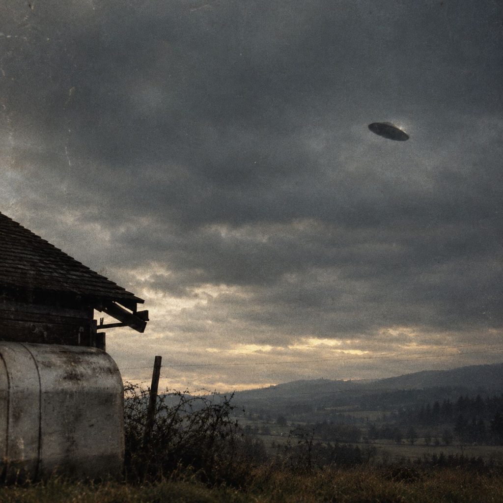 A disc in the sky over an old barn, a homage to the 1950 McMinnville sighting